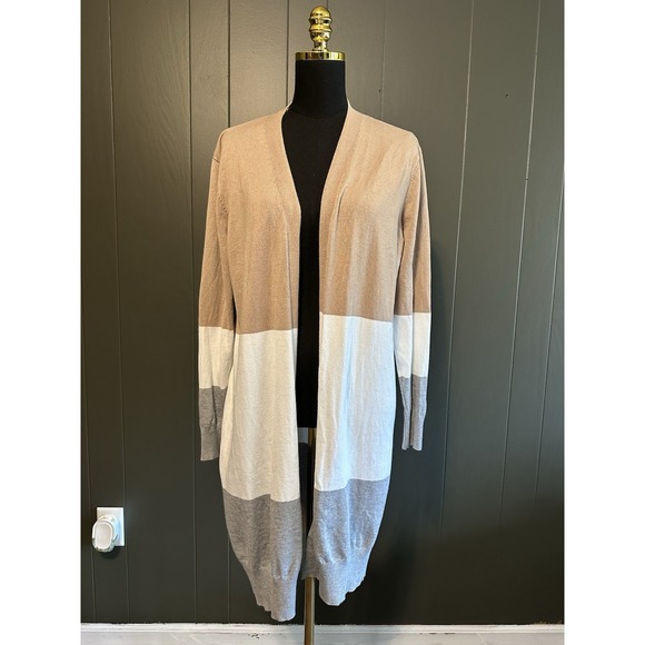 The Unbranded Brand Sweaters - Unbranded Tan White Grey Longline Open Front‎ Cardigan L Large